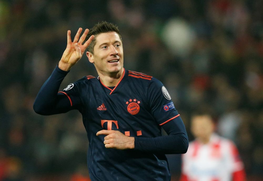 Bayern Munich's Robert Lewandowski celebrates scoring their fifth goal and his fourth against Red Star Belgrade. u00e2u20acu201d Reuters pic