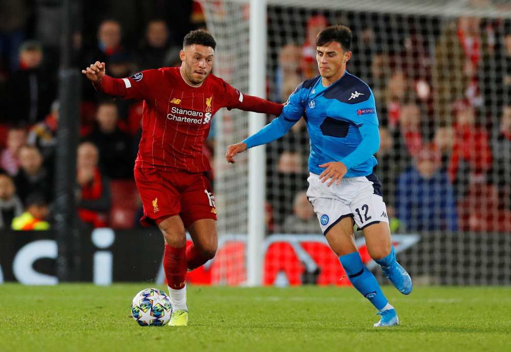 Liverpool's Alex Oxlade-Chamberlain in action with Napoli's Elif Elmas at Anfield November 27, 2019. u00e2u20acu2022 Reuters pic