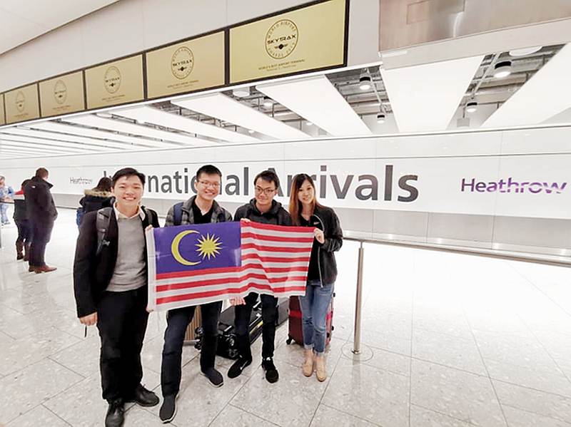 Malaysian students Ivan Ling, Chin Joo Tan, Chong Cheen Ong and Bao Lee Phoon at Heathrow Airport in London. u00e2u20acu201d Picture courtesy of the team