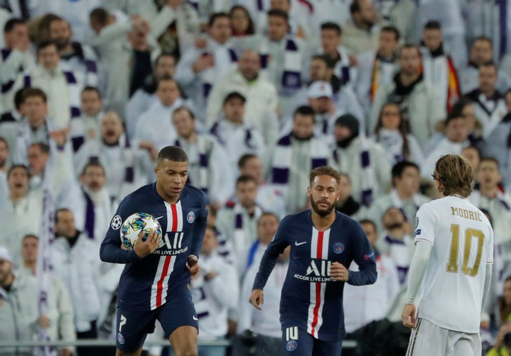 Paris St Germain's Kylian Mbappe celebrates scoring their first goal against Real Madrid. u00e2u20acu201d Reuters pic