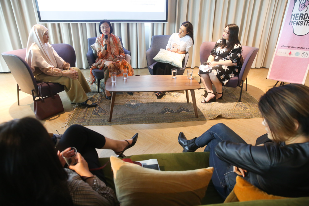 Maria Chin Abdullah speaks during a panel at Merdeka Menstrual alongside National Population and Family Development Board head of reproductive health unit Dr Hamizah Mohd Hassan and SPOT Malaysia founder Aishah Hoo. u00e2u20acu201d Picture by Choo Choy May