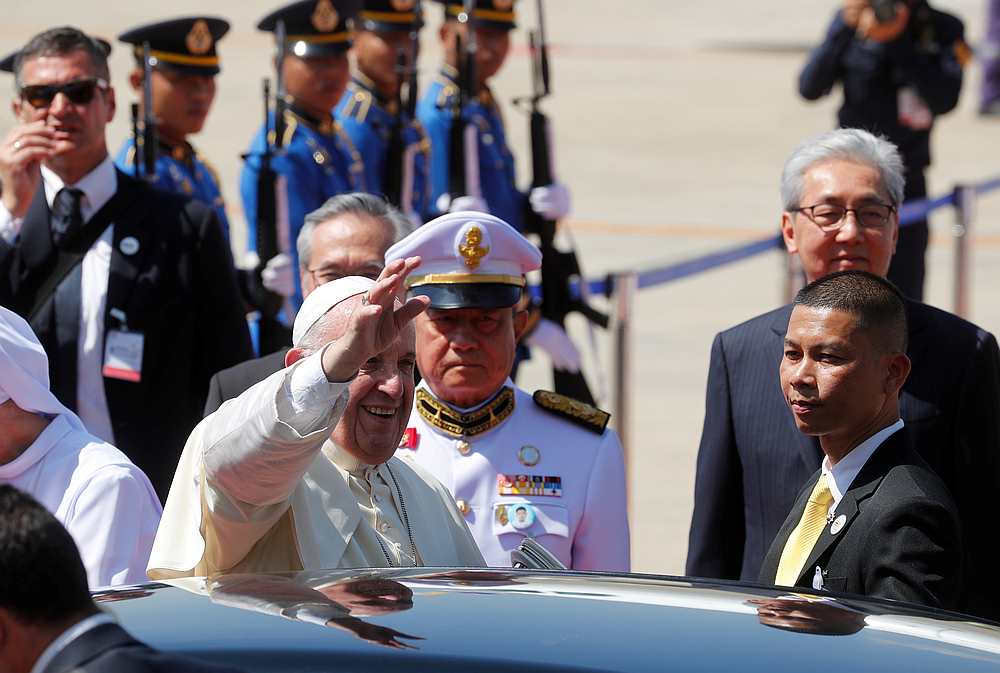 Pope Francis waves as he arrives at a military air terminal in Bangkok, Thailand November 20, 2019. u00e2u20acu201d Reuters pic