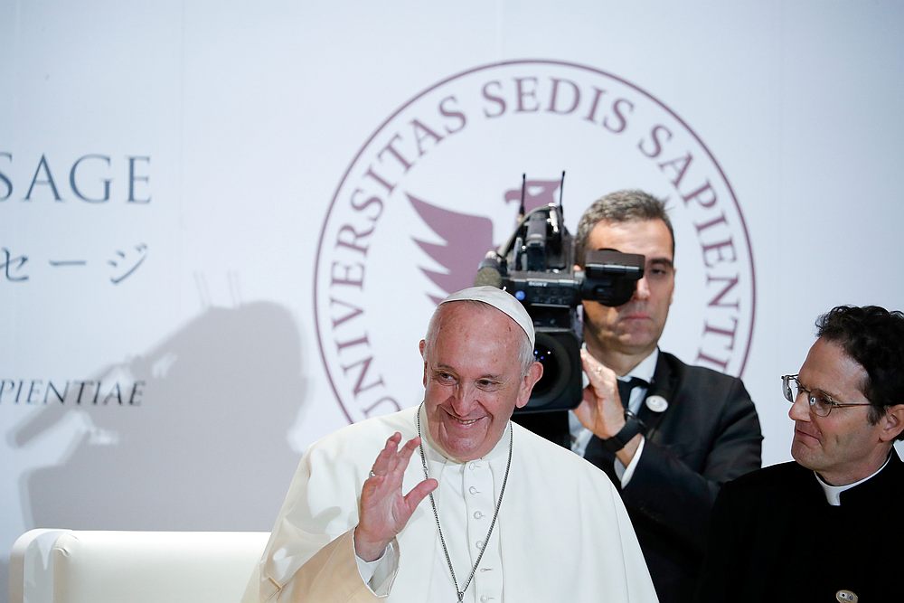 Pope Francis waves after giving a speech at Sophia University in Tokyo, Japan November 26, 2019. u00e2u20acu201d Reuters pic