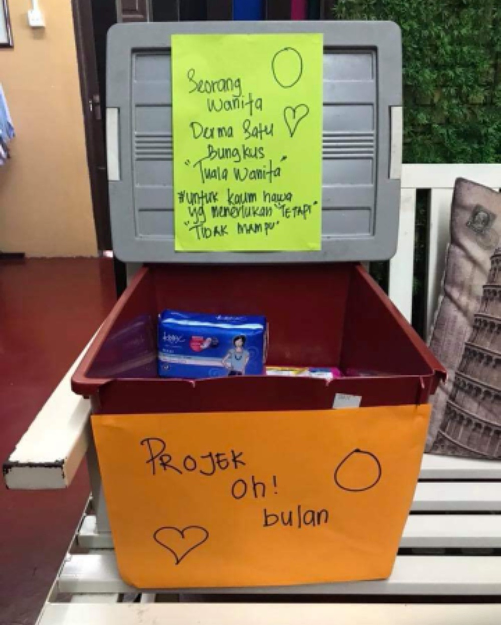 One of the boxes that Zuraidah has placed in a fitness centre, to collect sanitary pad donations from women. — Picture courtesy of Zuraidah Daut