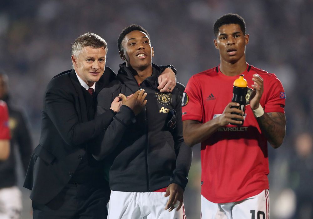 Manchester United manager Ole Gunnar Solskjaer celebrates with Anthony Martial and Marcus Rashford after the Europa League match against Partizan Belgrade October 24, 2019. u00e2u20acu2022 Reuters pic