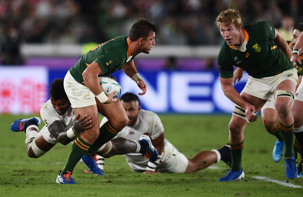 South Africau00e2u20acu2122s fly-half Handre Pollard (left) looks at South Africau00e2u20acu2122s flanker Pieter-Steph Du Toit (right) during the Japan 2019 Rugby World Cup final match between England and South Africa at the International Stadium Yokohama in Yokohama November 2,
