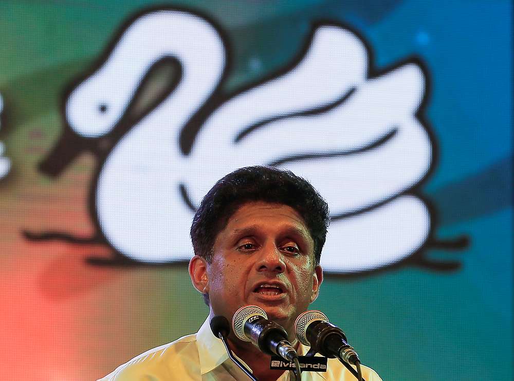 Sajith Premadasa, Sri Lanka's presidential candidate of the ruling United National Party (UNP) led New Democratic Front alliance speaks to his supporters in Colombo November 7, 2019. u00e2u20acu201d Reuters pic