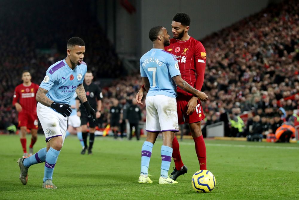 Liverpool's Joe Gomez and Manchester City's Raheem Sterling square up to one another during their Premier League clash November 10, 2019. u00e2u20acu201d Reuters pic