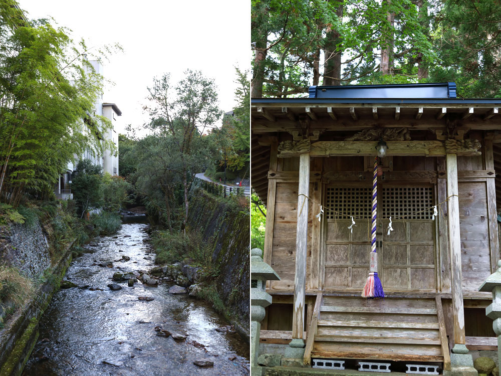 The 'ryokan' is located next to the Oshuku River (left) and opposite a small shrine (right).
