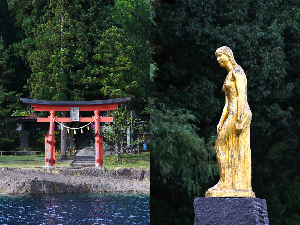 The vermillion-red 'torii' gate at Goza-no-Ishi Shrine (left) and the legendary Tatsuko’s golden statue (right).