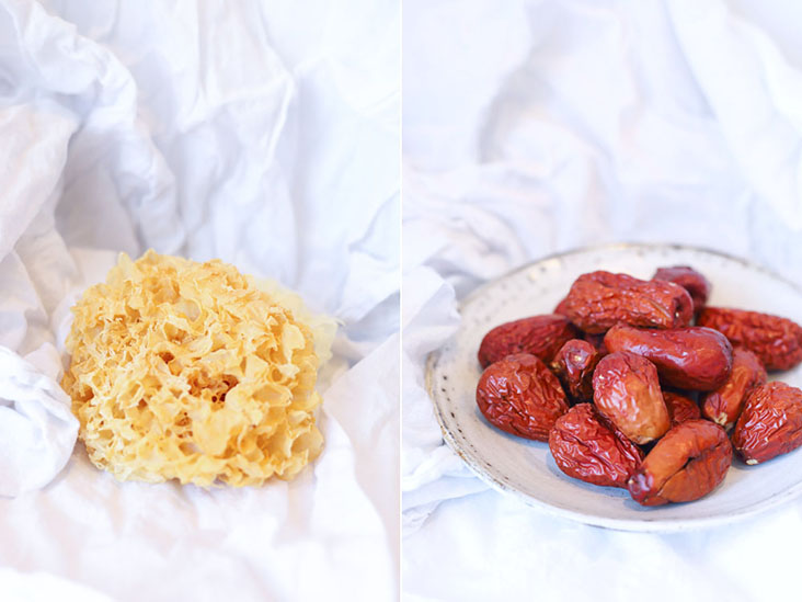 Snow fungus is considered a health and beauty tonic (left) while red dates help alleviate insomnia (right)