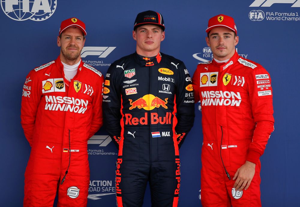 Ferrariu00e2u20acu2122s Sebastian Vettel and Charles Leclerc pose with Red Bullu00e2u20acu2122s Max Verstappen during the qualifying session of the Formula One Mexican Grand Prix at Hermanos Rodriguez Circuit, Mexico City, October 26, 2019. u00e2u20acu201d Reuters pic