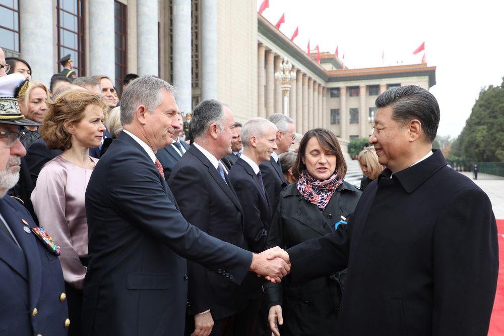 French Ambassador to China Laurent Bili shakes hands with Chinese President Xi Jinping during the welcoming ceremony for French President Emmanuel Macron at the Great Hall of the People in Beijing, November 6, 2019. u00e2u20acu201d AFP pic