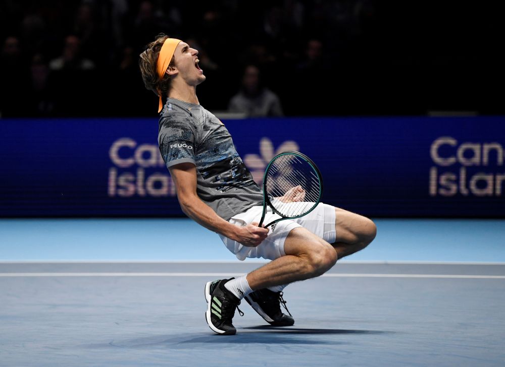 Germany's Alexander Zverev celebrates after winning his group stage match against Russia's Daniil Medvedev. u00e2u20acu201d Reuters pic