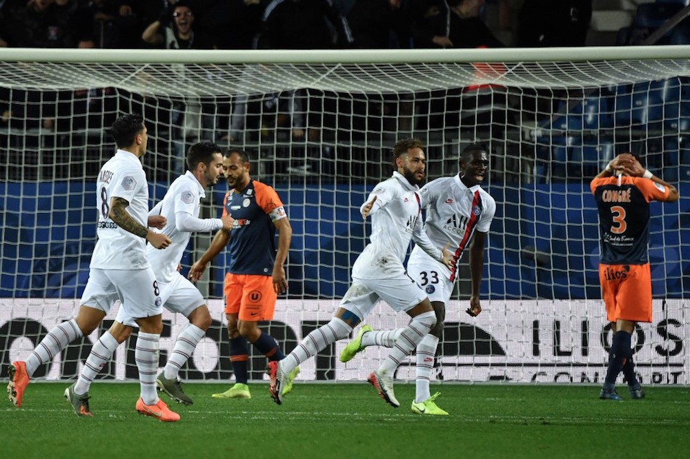 Paris Saint-Germainu00e2u20acu2122s Neymar celebrates after scoring a goal during the Ligue 1 match with Montpellier Herault Sport Club (MHSC) in Montpellier December 7, 2019. u00e2u20acu201d AFP pic