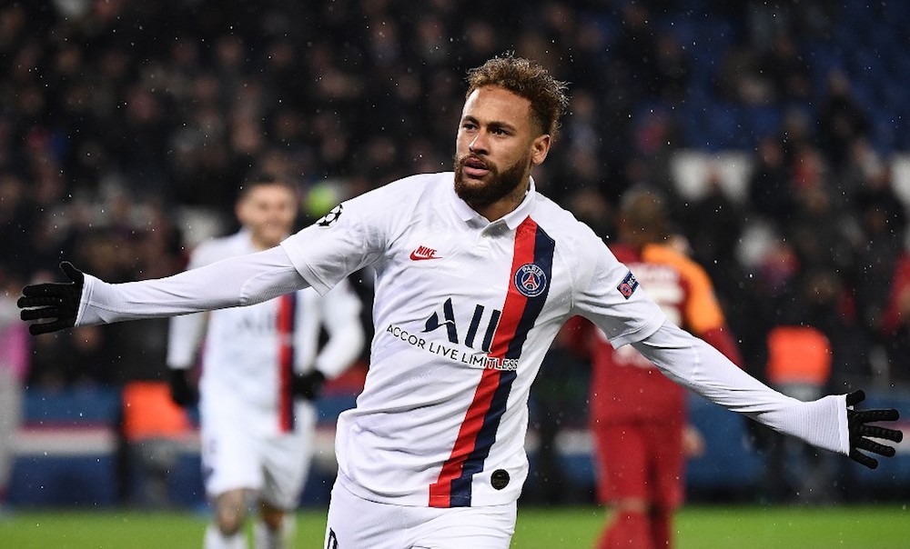 Paris Saint-Germainu00e2u20acu2122s Neymar celebrates scoring his teamu00e2u20acu2122s third goal during the Uefa Champions League Group A match with Galatasaray at the Parc des Princes stadium in Paris December 11, 2019. u00e2u20acu201d AFP pic