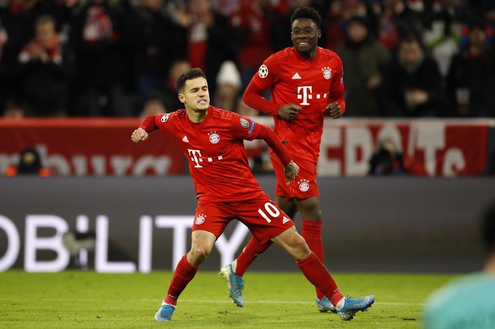 Bayern Munichu00e2u20acu2122s Philippe Coutinho celebrates after scoring a goal during the Uefa Champions League Group B match with Tottenham Hotspur in Munich December 11, 2019. u00e2u20acu201d AFP pic
