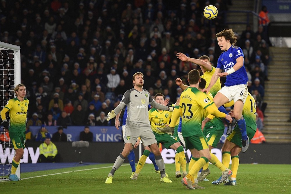 Leicester City’s Caglar Soyuncu jumps for a header during the Premier League match with Norwich City at King Power Stadium in Leicester December 14, 2019. — AFP pic