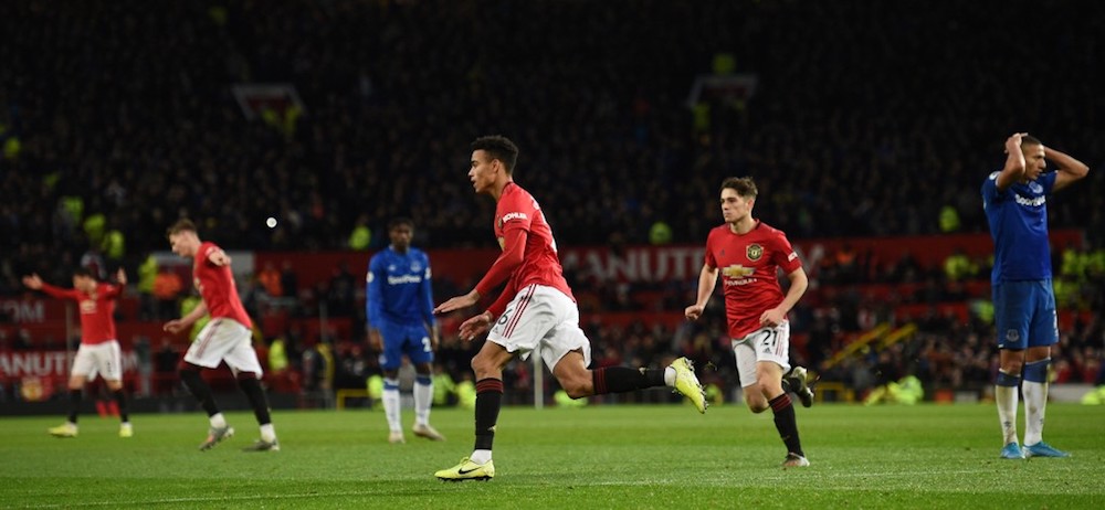 Manchester United’s Mason Greenwood celebrates scoring their first goal to equalise 1-1 during the Premier League match with Everton at Old Trafford in Manchester December 15, 2019. — AFP pic