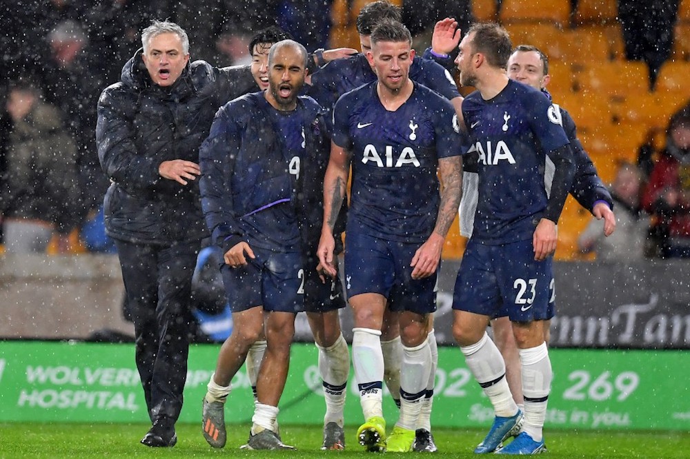 Tottenham Hotspur’s head coach Jose Mourinho celebrates with his players on the pitch after the Premier League match with Wolverhampton Wanderers at the Molineux stadium in Wolverhampton December 15, 2019. — AFP pic