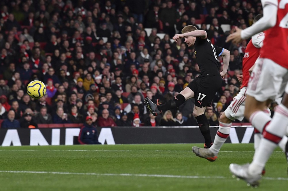 Manchester Cityu00e2u20acu2122s Kevin De Bruyne shoots to score the opening goal of the Premier League match with Arsenal at the Emirates Stadium in London December 15, 2019. u00e2u20acu201d AFP pic