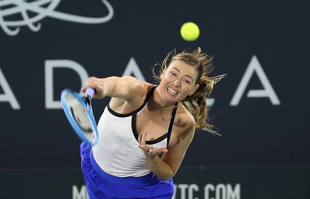 Maria Sharapova of Russia serves during her match with Ajla Tomljanovic of Australia at the Mubadala World Tennis Championship at Zayed Sports City in Abu Dhabi December 19, 2019. u00e2u20acu201d AFP pic