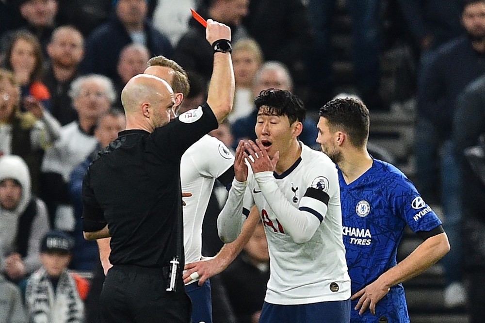 Tottenham Hotspuru00e2u20acu2122s Son Heung-min reacts after being shown a red card by referee Anthony Taylor during the Premier League match with Chelsea at Tottenham Hotspur Stadium in London December 22, 2019. u00e2u20acu201d AFP pic