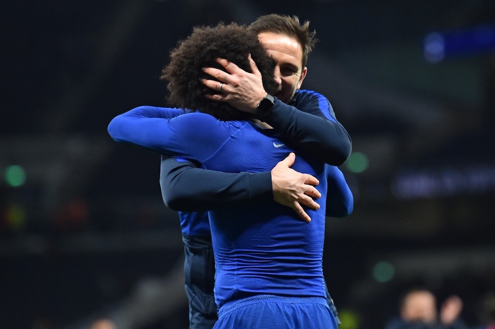 Chelseau00e2u20acu2122s manager Frank Lampard embraces Willian as they celebrate their win on the pitch after the Premier League match with Tottenham Hotspur at Tottenham Hotspur Stadium in London December 22, 2019. u00e2u20acu201d AFP pic