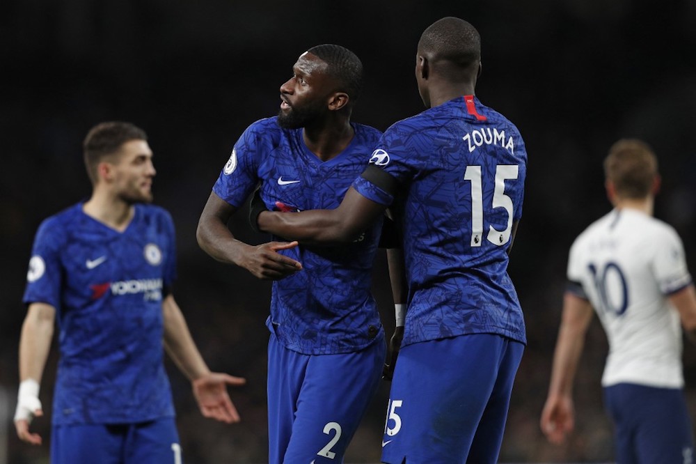 Chelseau00e2u20acu2122s Kurt Zouma and Antonio Rudiger (2nd left) react during the Premier League match with Tottenham Hotspur at Tottenham Hotspur Stadium in London December 22, 2019. u00e2u20acu201d AFP pic