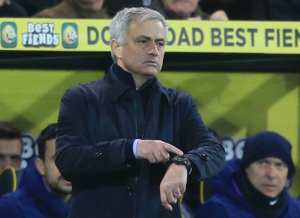 Tottenham Hotspur manager Jose Mourinho gestures to his watch from the touchline during the Premier League match with Norwich City at Carrow Road in Norwich December 28, 2019. u00e2u20acu201d AFP pic