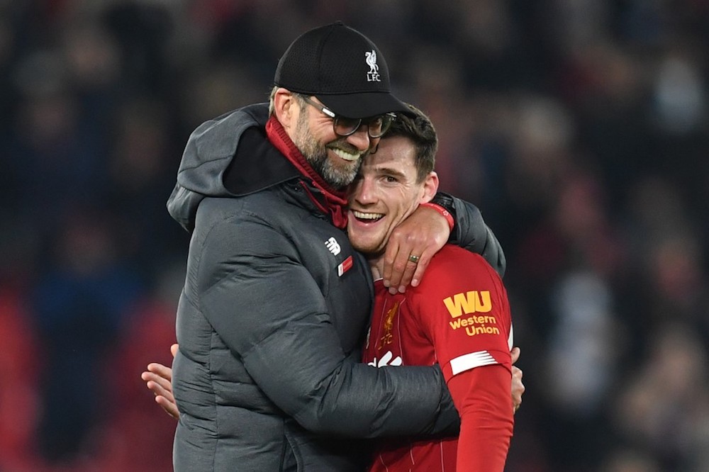 Liverpool manager Jurgen Klopp embraces Andrew Robertson at the end of the Premier League match with Wolverhampton Wanderers at Anfield in Liverpool December 29, 2019. u00e2u20acu201d AFP pic