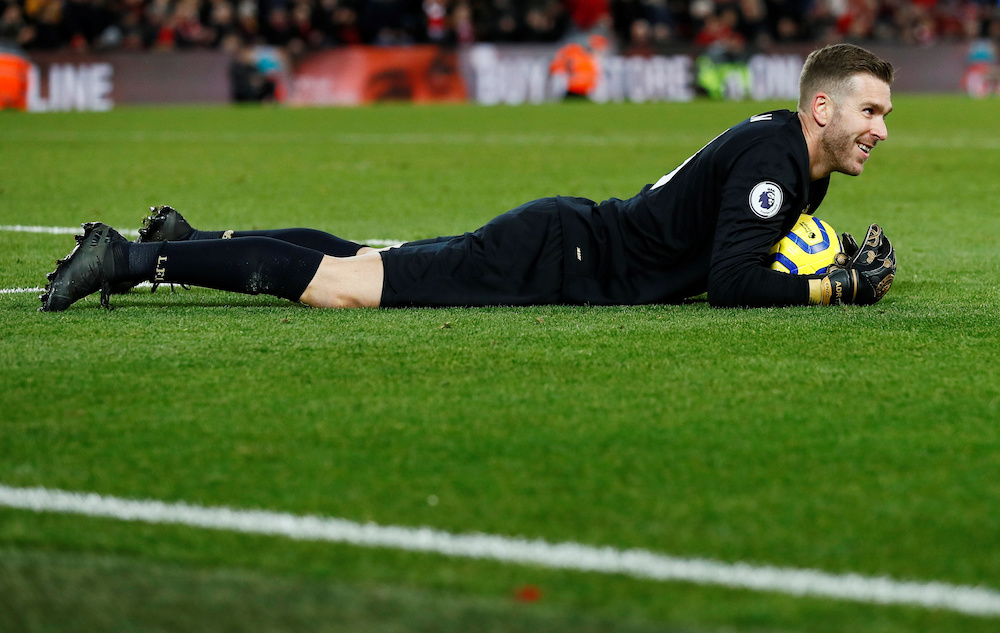 Liverpool's replacement goalkeeper Adrian was brought in after Alisson Becker was sent off, November 30, 2019. u00e2u20acu201d Action Images handout via Reuters/Jason Cairnduff 