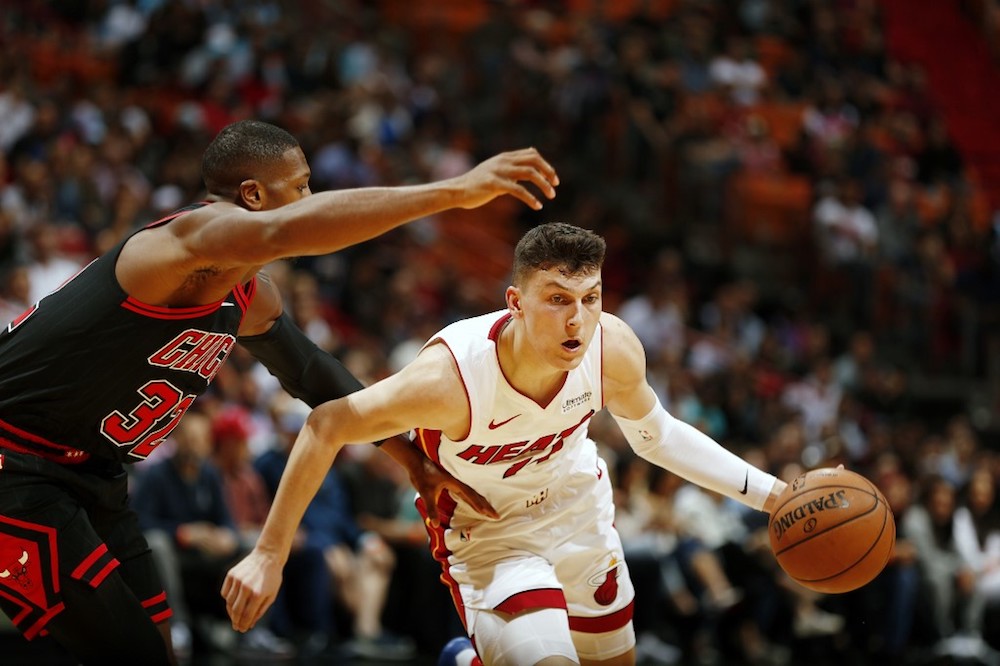 Tyler Herro of the Miami Heat handles the ball during a game against the Chicago Bulls at American Airlines Arena in Miami December 8, 2019. u00e2u20acu201d AFP pic