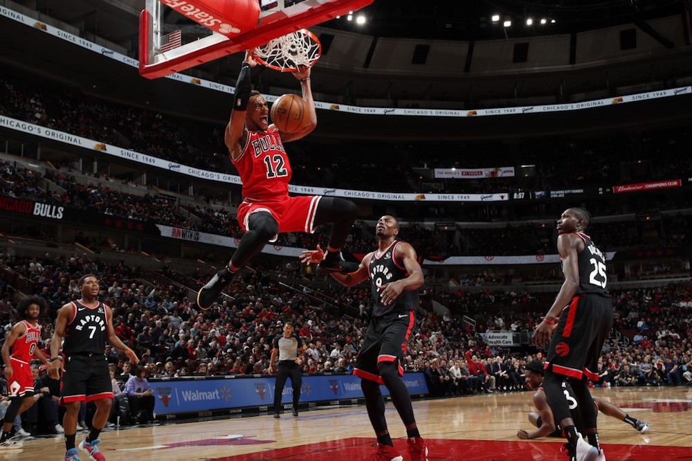 Daniel Gafford of the Chicago Bulls dunks the ball against the Toronto Raptors at United Centre in Chicago December 9, 2019. u00e2u20acu201d AFP pic