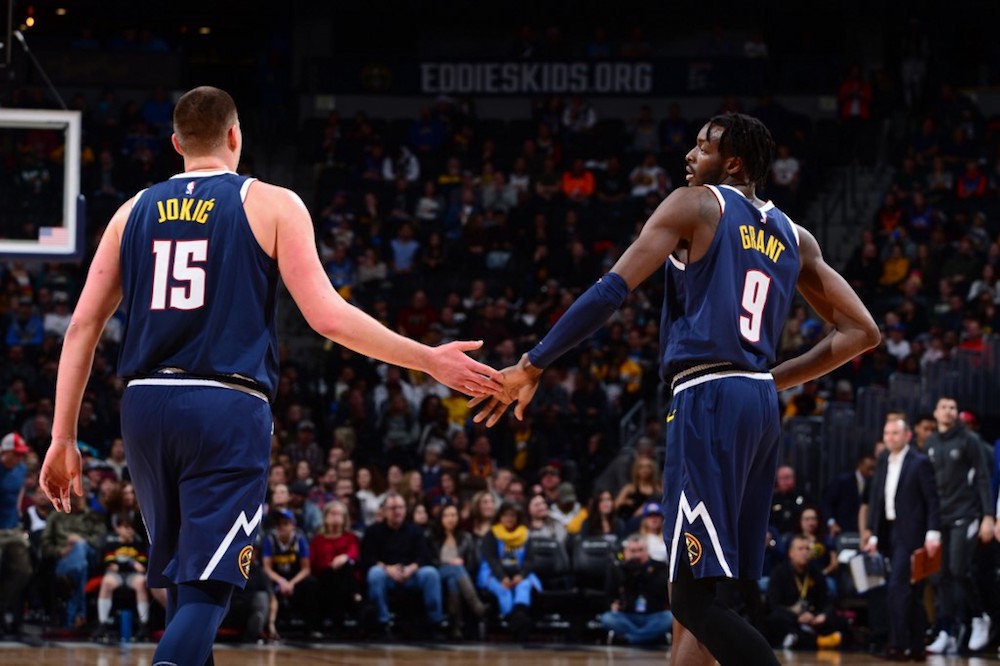 Nikola Jokic and Jerami Grant of the Denver Nuggets high-five during a game against the New York Knicks at the Pepsi Centre in Denver, Colorado December 15, 2019. u00e2u20acu201d AFP pic