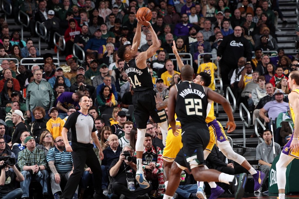 Giannis Antetokounmpo of the Milwaukee Bucks shoots the ball against the Los Angeles Lakers at the Fiserv Forum Centre in Milwaukee, Wisconsin December 19, 2019. u00e2u20acu201d AFP pic