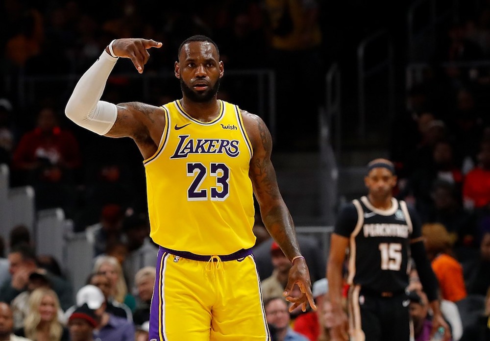 LeBron James of the Los Angeles Lakers reacts after hitting a three-point basket in the final seconds of the first half against the Atlanta Hawks at State Farm Arena in Atlanta, Georgia December 15, 2019. u00e2u20acu201d AFP pic