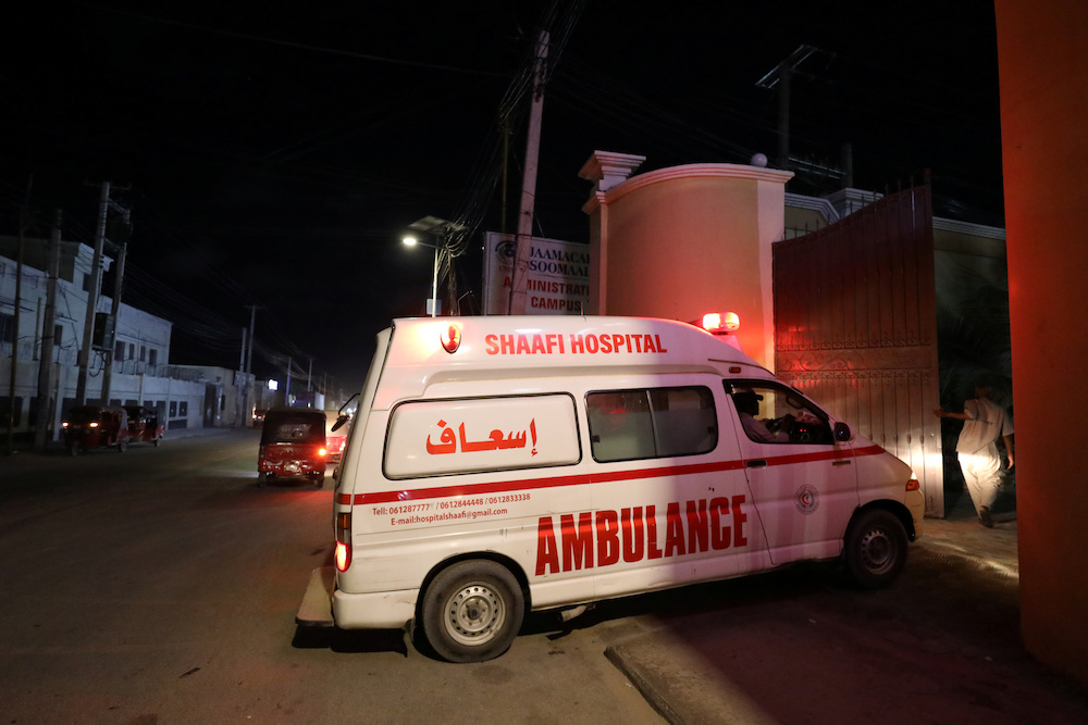 An ambulance carrying an injured person from an attack by Al Shabaab gunmen on a hotel near the presidential residence arrives to the Shaafi hospital in Mogadishu December 10, 2019. u00e2u20acu201d Reuters pic