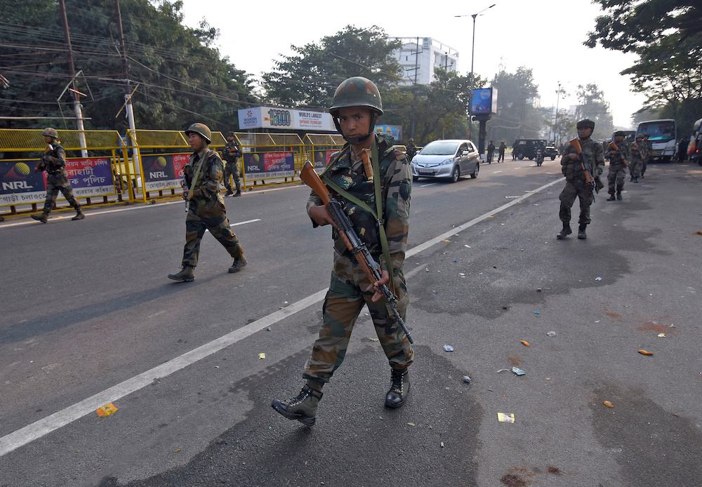 Soldiers patrol a street following protests after India's parliament passed Citizenship Amendment Bill, in Guwahati, India December 12, 2019. u00e2u20acu201d Reuters pic