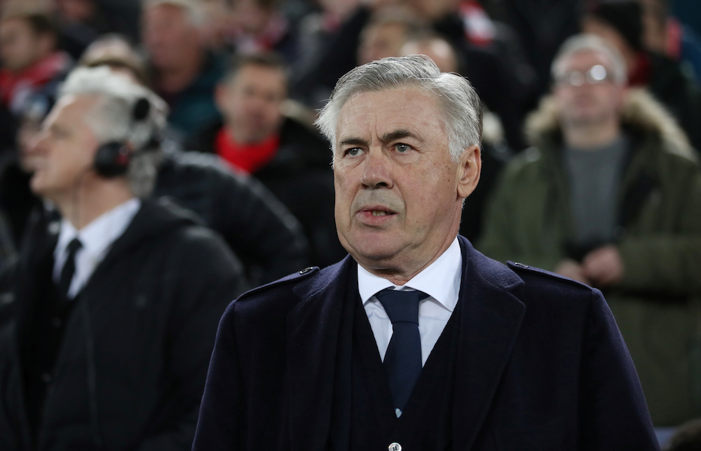 Napoli coach Carlo Ancelotti before the Champions League Group E match with Liverpool at Anfield in Liverpool November 27, 2019. u00e2u20acu201d Action Images pic via Reuters