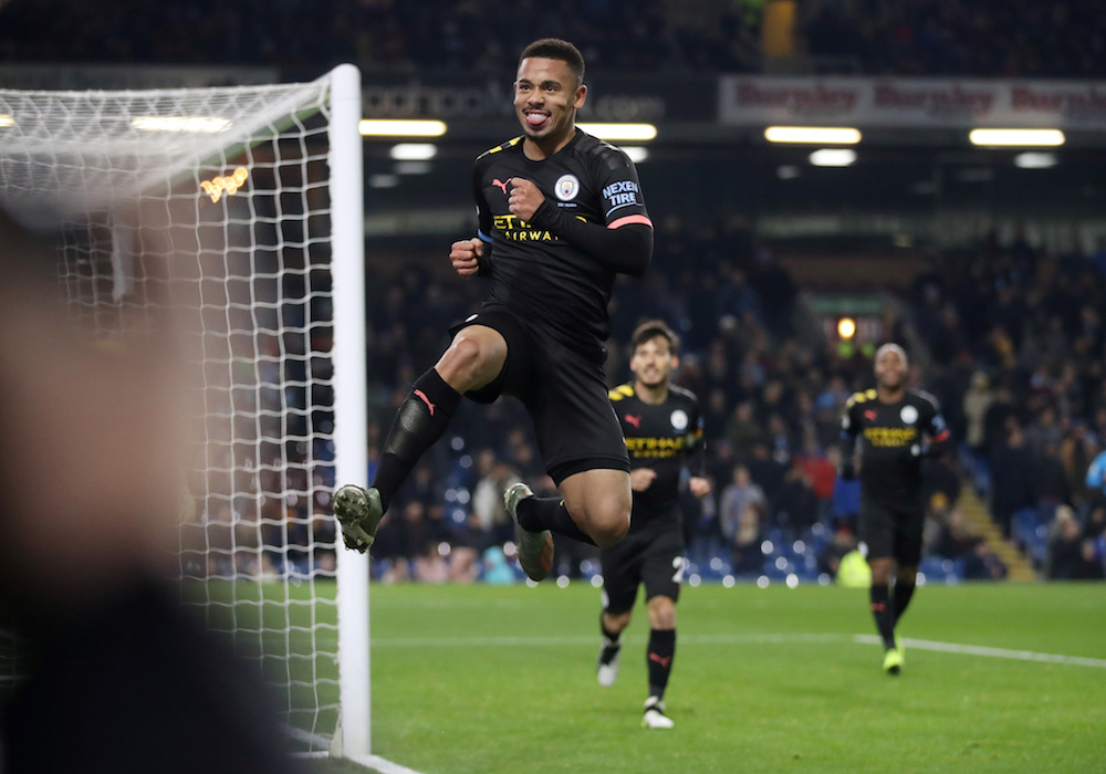 Manchester Cityu00e2u20acu2122s Gabriel Jesus celebrates scoring their second goal during the Premier League with Burnley at Turf Moor in Burnley December 3, 2019. u00e2u20acu201d Action Images pic via Reuters