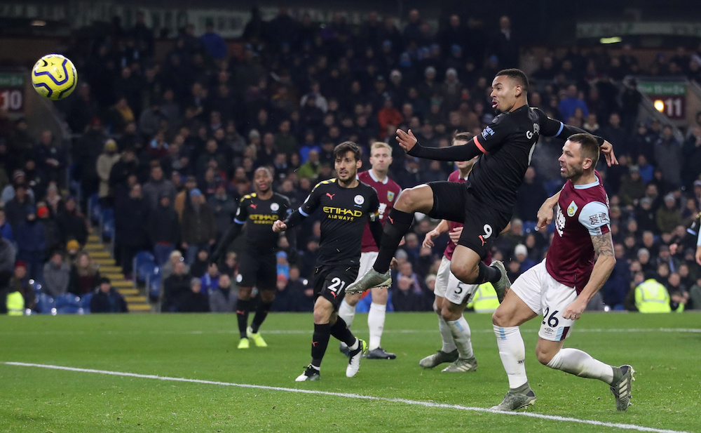Manchester Cityu00e2u20acu2122s Gabriel Jesus scores their second goal during the Premier League match with Burnley at Turf Moor in Burnley December 3, 2019. u00e2u20acu201d Action Images pic via Reuters