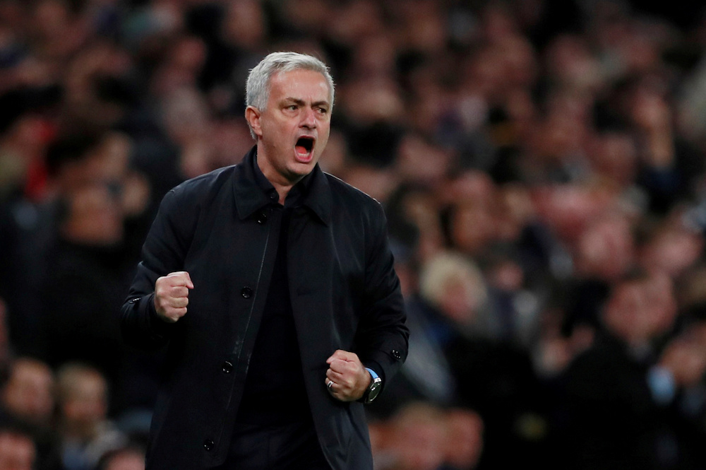 Tottenham Hotspur manager Jose Mourinho celebrates after Harry Kane scores their second goal during the Champions League Group B match with Olympiacos at Tottenham Hotspur Stadium in London November 26, 2019. u00e2u20acu201d Action Images pic via Reuters
