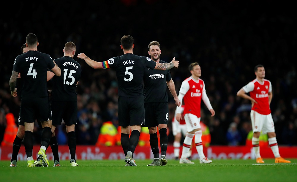 Brighton & Hove Albion's Dale Stephens and Lewis Dunk celebrate after the match against Arsenal at the Emirates Stadium in London December 5, 2019. u00e2u20acu201d Reuters pic