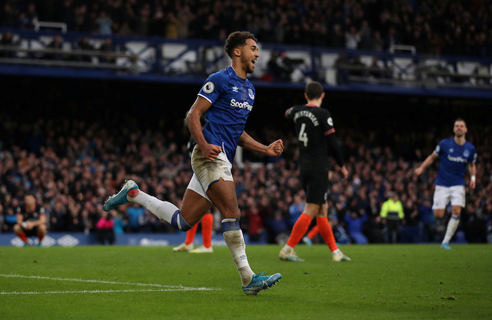 Everton’s Dominic Calvert-Lewin celebrates scoring their third goal during their Premier League match with Chelsea at Goodison Park in Liverpool December 7, 2019. — Action Images pic via Reuters