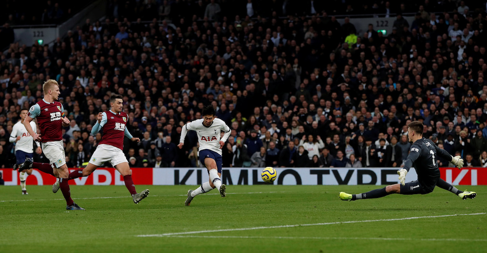 Tottenham Hotspuru00e2u20acu2122s Son Heung-min scores their third goal during the Premier League match with Burnley at Tottenham Hotspur Stadium in London December 7, 2019. u00e2u20acu201d Action Images pic via Reuters