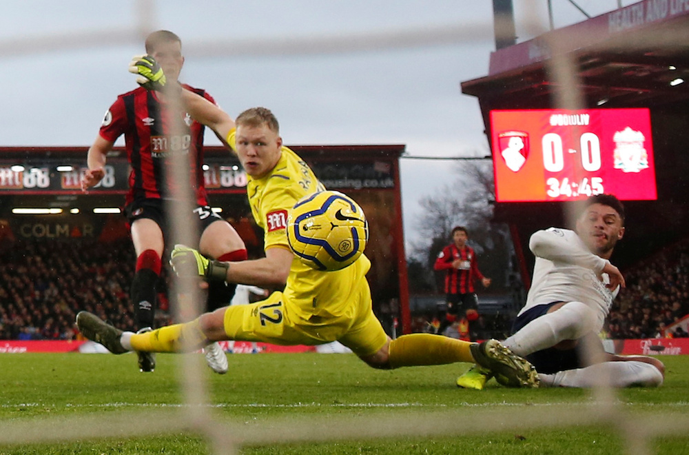 Liverpoolu00e2u20acu2122s Alex Oxlade-Chamberlain scores their first goal during the Premier League with Bournemouth at Vitality Stadium in Bournemouth December 7, 2019. u00e2u20acu201d Action Images pic via Reuters