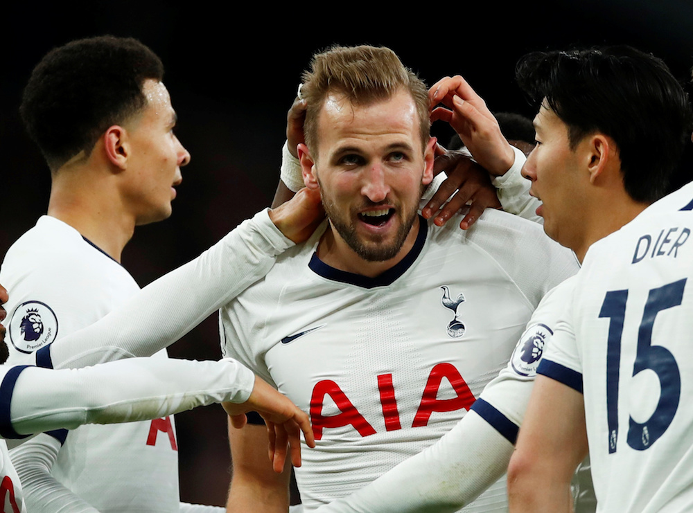 Tottenham Hotspuru00e2u20acu2122s Harry Kane celebrates scoring their fourth goal with teammates during the Premier League match with Burnley at Tottenham Hotspur Stadium in London December 7, 2019. u00e2u20acu201d Reuters pic