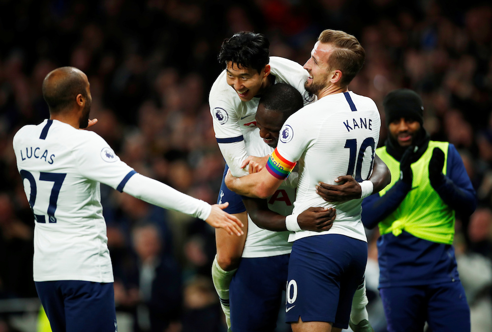 Tottenham Hotspur’s Sissoko celebrates scoring their fifth goal with Moura, Son and Kane during their Premier League match with Burnley at Tottenham Hotspur Stadium in London December 7, 2019. — Reuters pic
