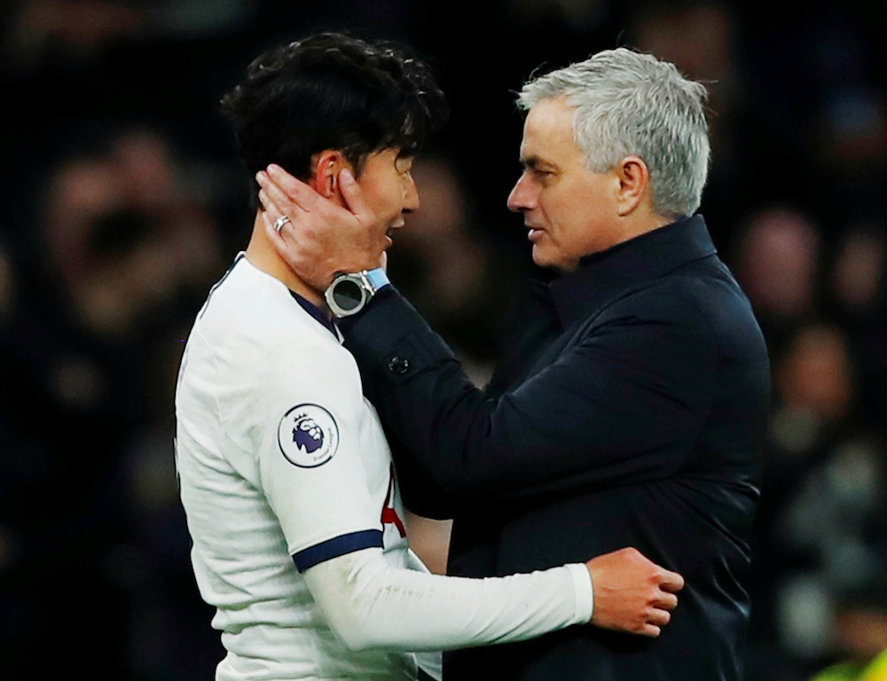 Tottenham Hotspur manager Jose Mourinho and forward Son Heung-min celebrate after the Premier League match with Burnley at Tottenham Hotspur Stadium in London December 7, 2019. — Reuters pic